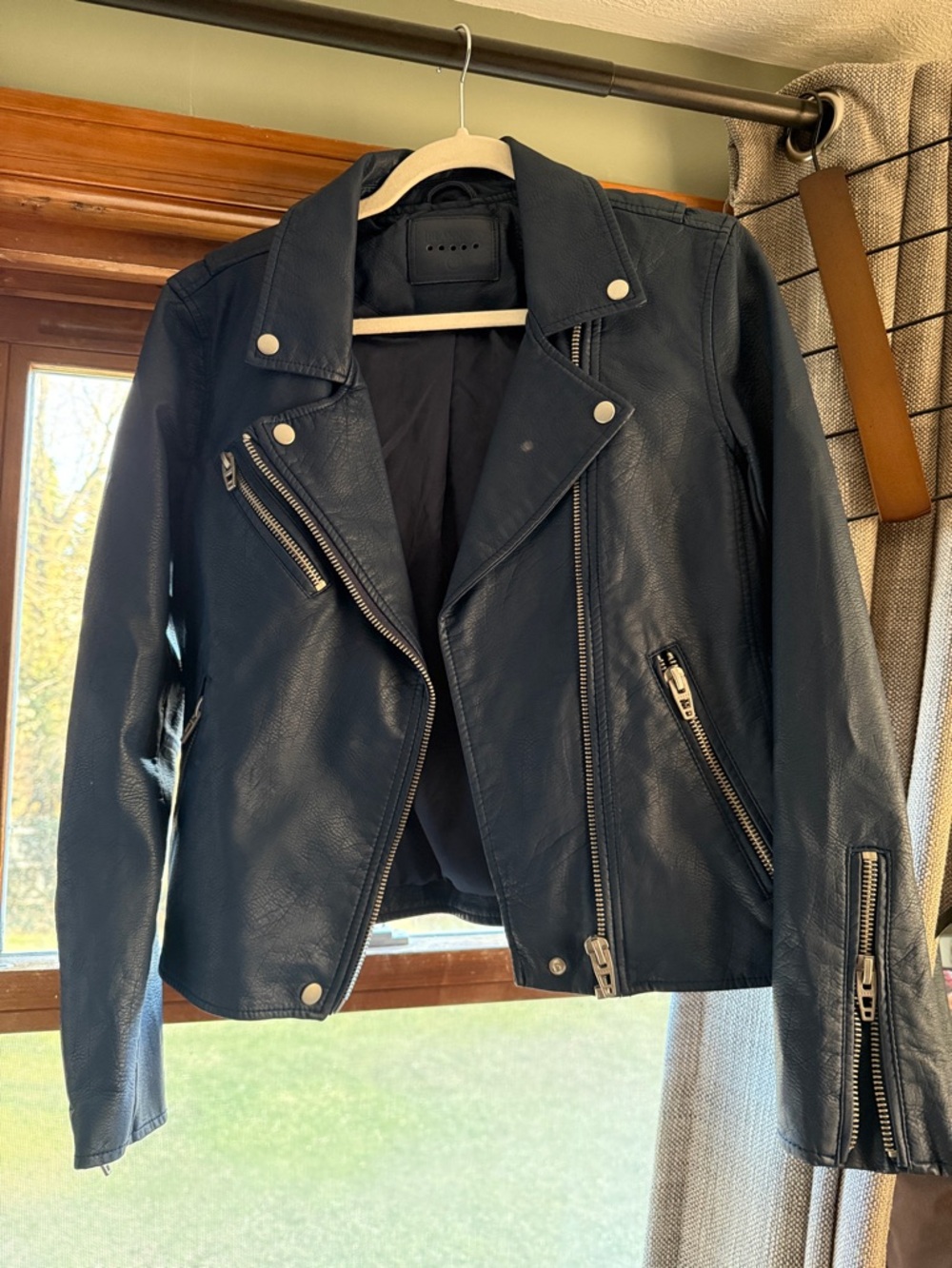 Classic Navy Faux Leather Moto Jacket - Women's